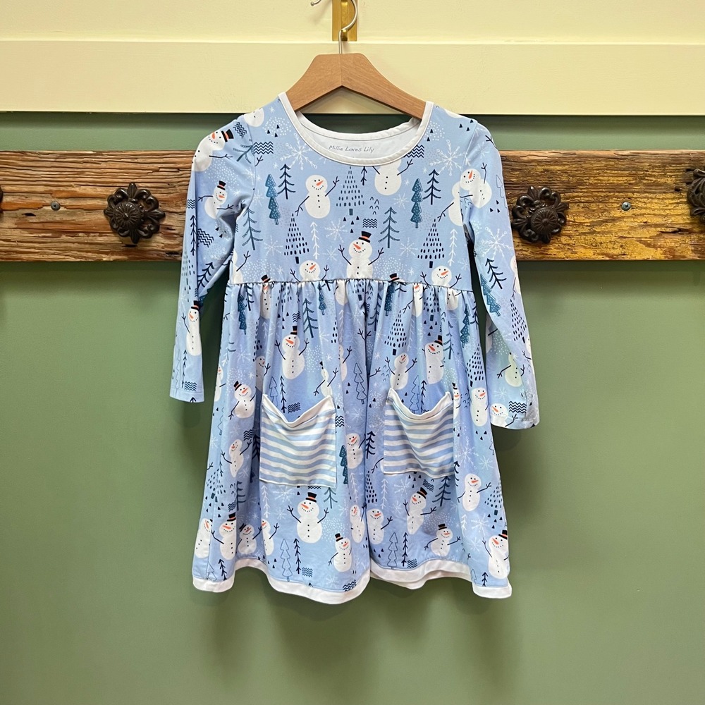 Millie Loves Lily Girls Size 5 Snowman Winter Print Long Sleeve Pocket Dress